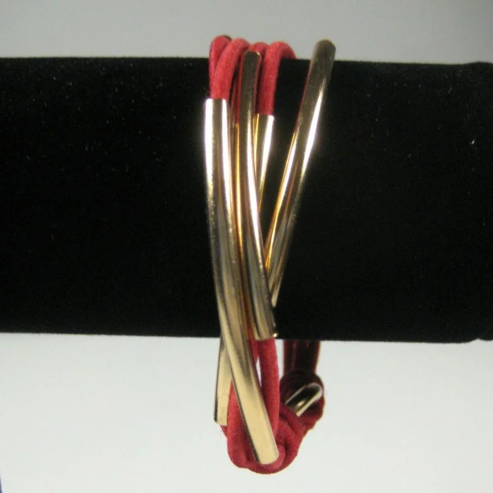 Bracelet Stretch Red  8 Inch Modern Goldtone Cord Fashion Jewelry Classic